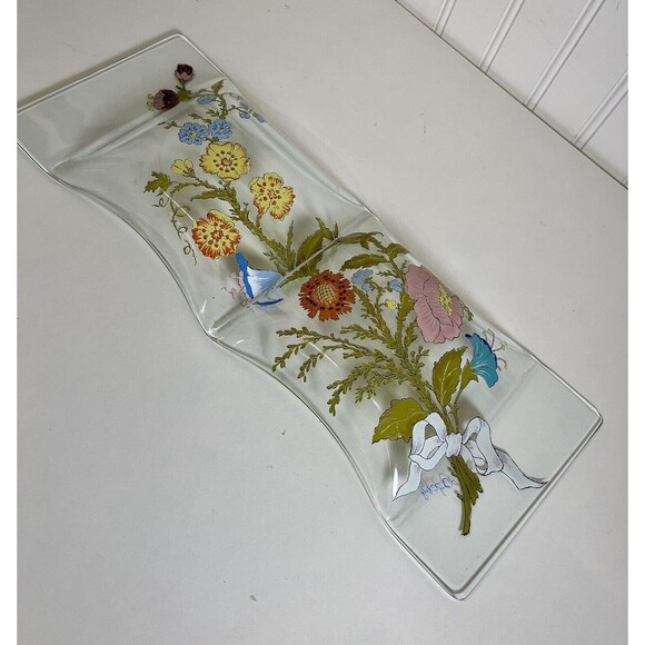 Vintage Dorothy Thorpe Signed Divided Floral Medium Glass Serving Tray MCM - Picture 8 of 8